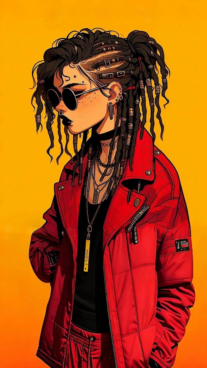 girl, solo, model, fashion, braid, black hair, yellow background, sunglasses, earrings, mole, jewelry, black, goggles, wallpapers, phone wallpaper, 4k, 2d